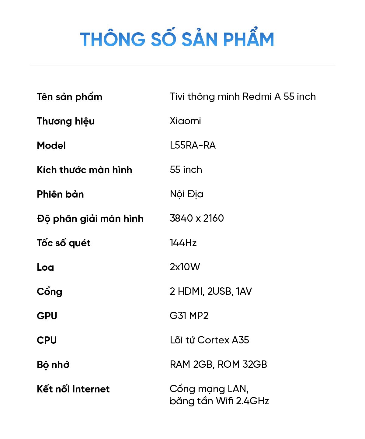 Tivi Xiaomi Redmi A55 2025 55 Inch UHD 4K 120Hz Ram 2GB Rom 32GB